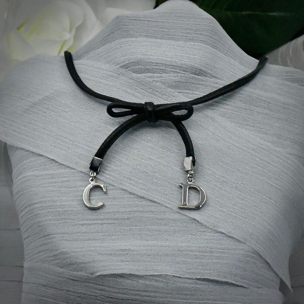 Vintage Christian Dior Silver Tone CD Logo Black Cord Choker Necklace with Box